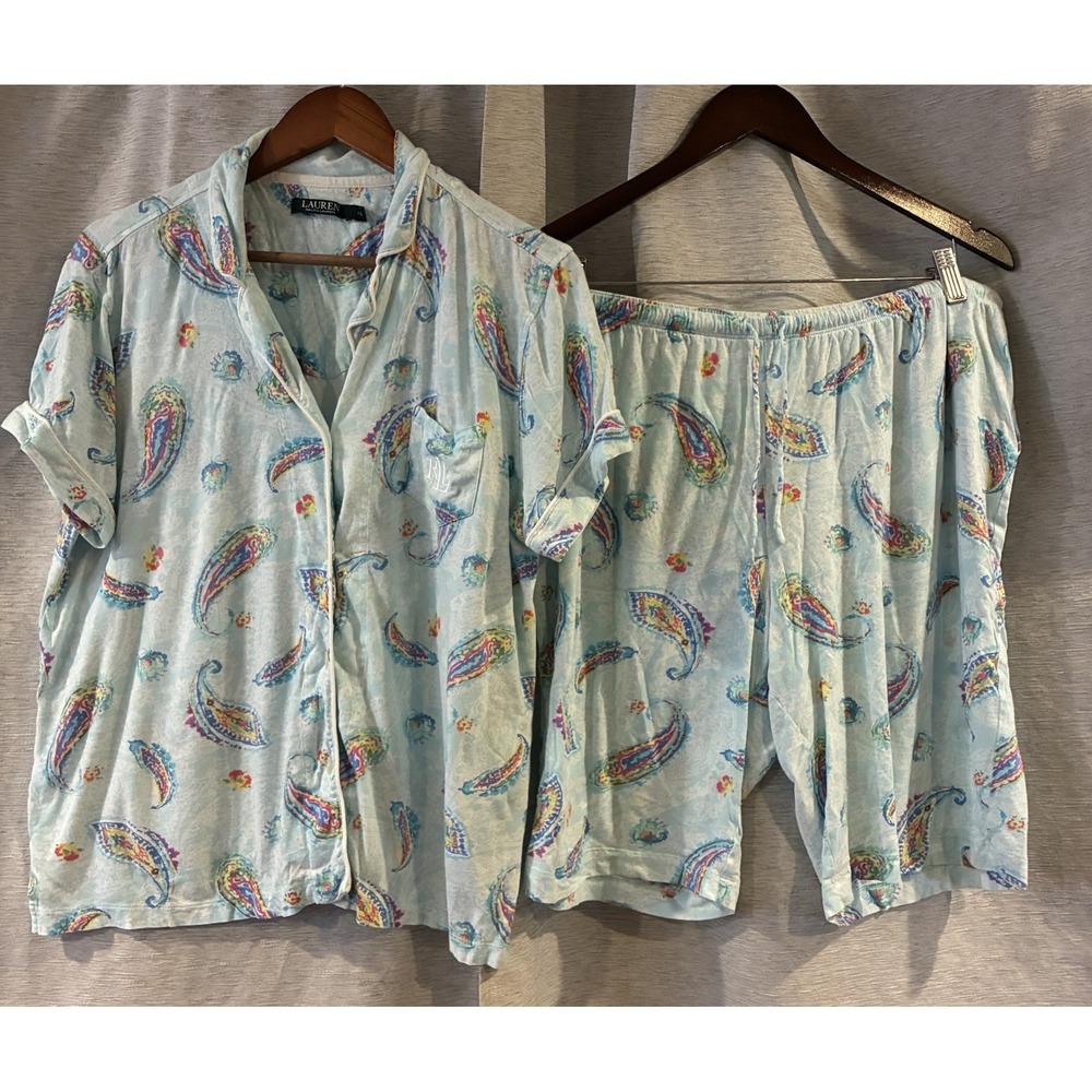 Ralph Lauren Paisley 2 Piece Short Pajama Set Drawstring Button Up Size XL